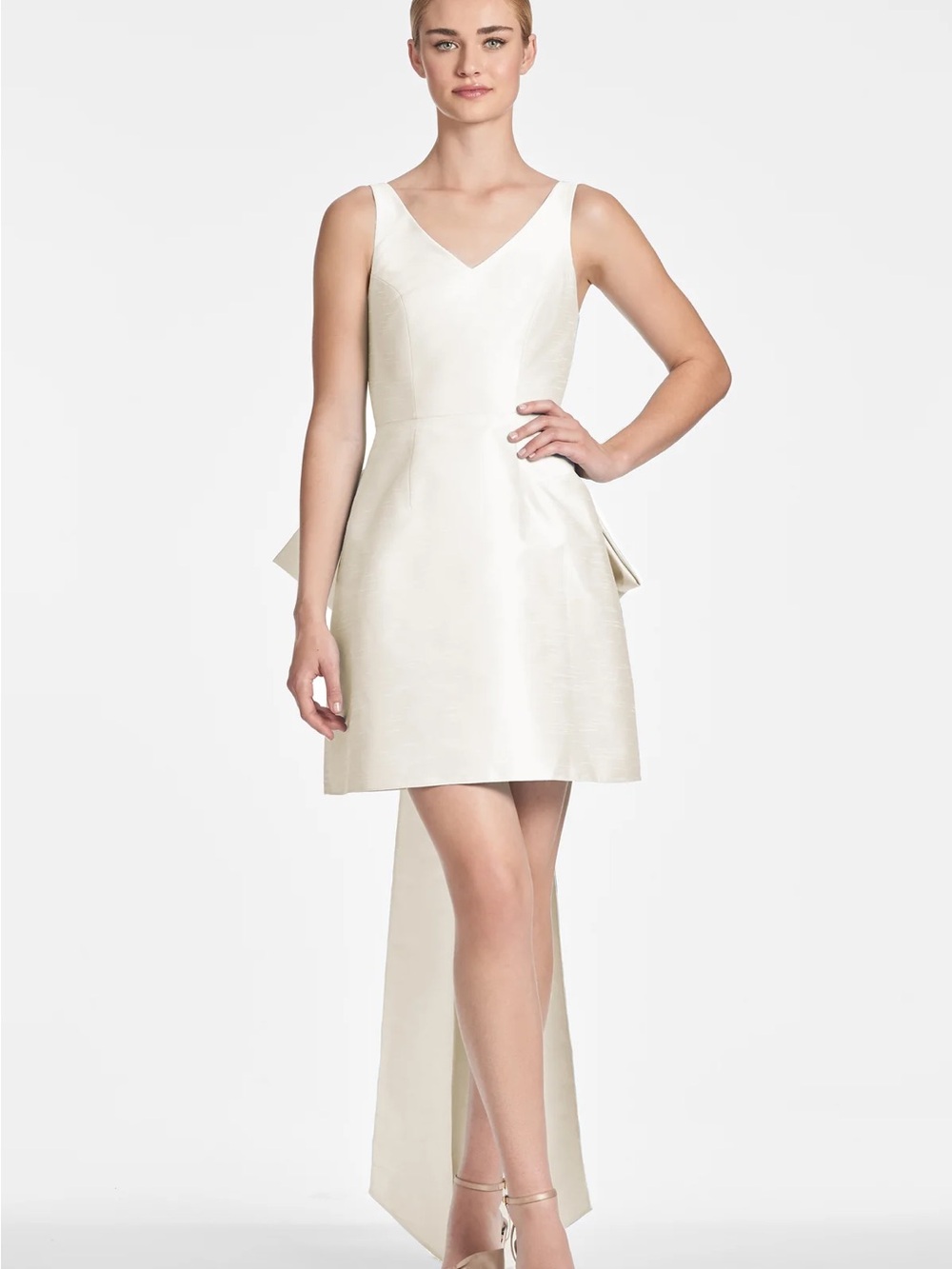 Sachin + Babi Cream V‑Neck Mini Dress with Dramatic Back Drape